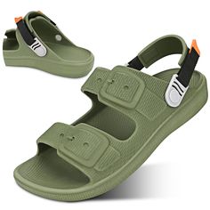 a pair of green sandals with straps and buckles on the bottom one is open