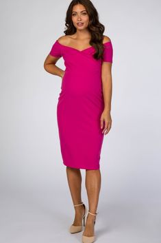 A maternity baby shower dress for stylish moms-to-be! A solid, off shoulder fitted dress featuring a sweetheart neckline and short sleeves. The Magenta Solid Off Shoulder Maternity Fitted Dress is perfectly bump-friendly! Maternity Party Wear, Maternity Party Outfit, Off Shoulder Fitted Dress, Pregnant Party Dress, Pink Maternity Dress, Maternity Dresses For Baby Shower, Winter Party Outfit, Shower Dress, Stylish Mom