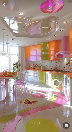 an artistic kitchen with pink, yellow and orange colors on the floor is pictured in this image