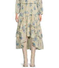 Talisman Bluebell Print High-Low Tiered Ruffled Hem Sassy Midi Skirt | Dillard's Cotton Voile, Embroidery Details, Dillard's, High & Low, High Low, Clothing Accessories, Midi Skirt, Latest Trends, Skirt