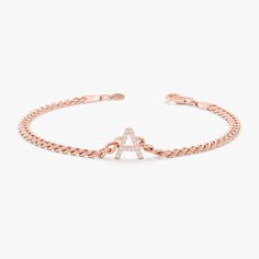 Rose Gold Diamond Initial Cuban Chain Bracelet Elegant Cuban Link Bracelet With Diamond Accents, Rose Gold Diamond Chain Bracelet, Elegant Box Chain Bracelet For Anniversary, Elegant Rose Gold Diamond Bracelet With Chain, Classic Rose Gold Bracelets With Solid Link Construction, Fine Jewelry Curb Chain Bracelet As Gift, Dainty Curb Chain Bracelets For Formal Occasions, Dainty Curb Chain Bracelet For Formal Occasions, Dainty Curb Chain Bracelet For Formal Events