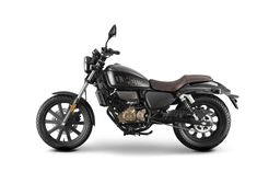 a black motorcycle is parked on a white background and it's dark brown seat