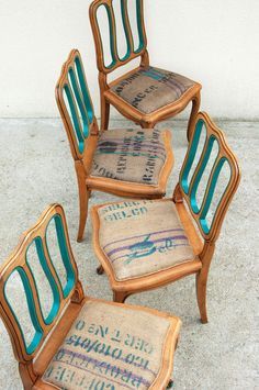 four chairs and two stools made out of old newspaper with blue paint on them