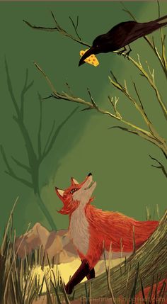 a painting of a fox and a bird in the woods