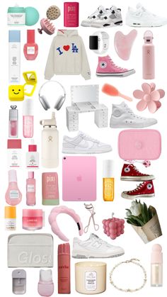 a collage of various items including shoes, perfumes and other things to wear