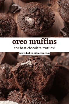 chocolate muffins are stacked on top of each other with the words oreo muffins above them