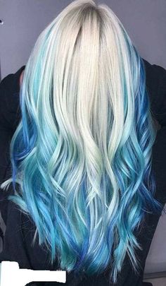 Blonde Hair With Blue Tips, Blue And White Hair, Blue Tips Hair, Light Blue Hair, White Hair Color