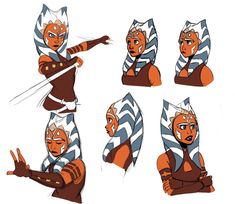 various poses of an animated character from star wars, including the headgear and arm armor