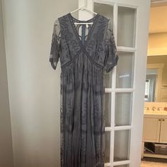 Never Worn, Purchased For A Baby Shower Sheer Maxi Length Dress For Brunch, Summer Lace Maternity Dresses, Maternity Summer Lace Dresses, Short Sleeve Gray Dress For Spring, Gray Short Sleeve Dress For Spring, Bohemian Maternity Dress With Short Sleeves, Gray Flowy Dress For Spring, Gray Flowy Spring Dress, Flowy Gray Spring Dress