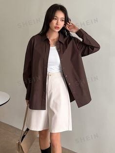 DAZY Solid Drop Shoulder Button Up Oversized Shirt Tan Oversized Button Up Shirt Outfit, Brown Button Up Shirt Outfit, Oversized Button Up Shirt Outfit, Brown Button Up Shirt, Button Up Shirt Outfit, Oversized Button Up Shirt, Mood Board Design, Women Blouses, Shirt Fits