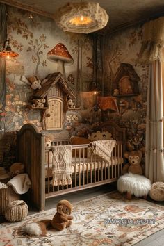 there is a baby crib with stuffed animals in it and other decorations on the wall