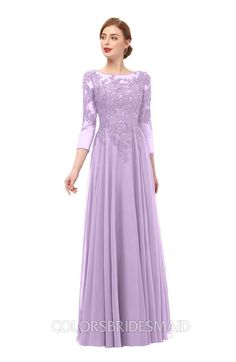 a woman wearing a long purple dress with sleeves and lace detailing on the shoulders,