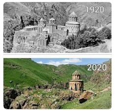 before and after photos of an old building in the mountains, then with grass growing on it