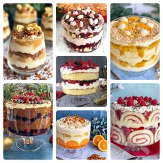 a collage of different desserts with fruit and nuts on top, including cake