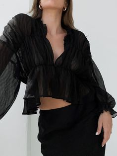 Details Composition: 100% Polyester Design: Pleated Style: Casual Thickness: Thin Sheer: Yes Material: Chiffon Sleeve Length: Long Sleeve Neckline: V-neck Occasion: Leisure, Vacation Size & Fit Clothes Length: Regular Stretch: Non-stretch Fit Type: Shift Cm Inch Size Length Sleeve Bust XS 49.5 55.5 84 S 50.5 56 88 Sheer Tops, Fit Clothes, Semi Sheer Top, Fits Clothes, Tops Long Sleeve, Chiffon Ruffle, Summer Fabrics, Sheer Top, Sheer Fabrics