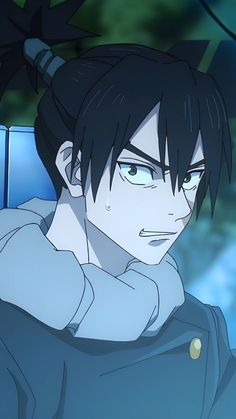 an anime character with black hair and blue eyes