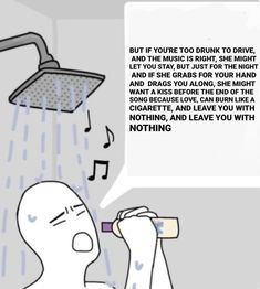 a man drinking from a cup in front of a shower head with music notes on it