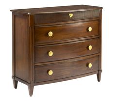 a wooden dresser with brass knobs on the top and bottom drawers, against a white background