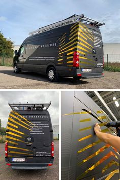 Chrome gold carwrap folie. Op mat gelamineerde, geprinte folie met een patroon in. Halve carwrap op bestelwagen. Stijlvol en toch opvallend. Van Design Graphics, Truck Wraps Graphics, Barbershop Design Interior