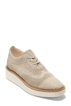 Recycled knit upper Leather details on heel and tongue Textile insole, sole Tie styling Imported | OriginalGrand Platform Wingtip Oxfords by Cole Haan in Beige, Women's, Size: 5, Leather at Anthropologie Oxford Shoes Women, Platform Oxfords, Oxford Platform, Wingtip Oxford, Cole Haan Women, Brown Shoe, Sneakers Online, Platform Sneakers, Platform Wedges