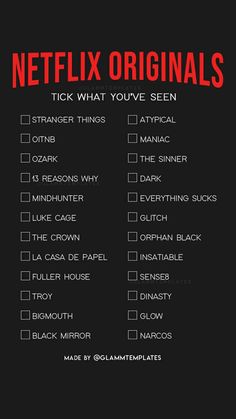 the netflix originals list is shown on a black background with red lettering and an image of