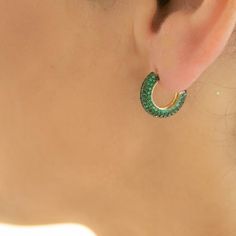 Gold filled 15mm width Jade green micro pave huggie earrings Lead and nickel free Green Round Earrings With Pave Setting, Green Hoop Huggie Earring, Green Round Huggie Earrings For Pierced Ears, Green Round Huggie Earrings, Green Jewelry With Pave Setting For Gift, Green Hypoallergenic Hoop Earrings For May Birthstone, Hypoallergenic Green Hoop Earrings For May Birthstone, Green Pave Setting Jewelry For Gift, Green Round Huggie Earrings As Gift