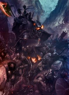 an image of a group of people in the middle of a warhammer battle with flames coming out of their eyes