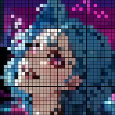 an image of a woman with blue hair and pink eyes in pixellated style art