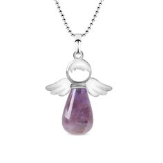 PLEASE NOTE: Our crystal stones are natural minerals and each crystal is unique. The internal ice cracks, pits, mineral points, and color differences of natural crystals are all formed naturally and are normal phenomena, which will not affect the efficacy, beauty and value of the crystal at all.This amethyst angel pendant is a beautiful piece and a great way to feel the positive energy of amethyst at all times. Amethyst is considered very soothing, helping to heal the body and mind. It is also c Spiritual Silver Drop Crystal Necklaces, Natural Stone Pendant Crystal, Natural Stone Crystal Pendant, Healing Birthstone Crystal Pendant Necklace, Healing Teardrop Crystal Necklace With Natural Stones, Healing Crystals Pendant, Gift Gemstone Beads Crystals, Silver Gemstone Beads Crystals For Gift, Gift Drop Necklace With Stones