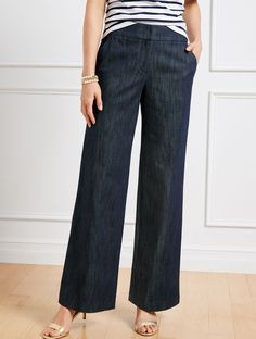 Refined Denim Wide Leg Pants Elegant Wide Leg Pants, Slate Blue Pants Outfit, High Waisted Trousers Outfit Casual, Womens Trousers Outfits, Denim Trousers Outfit, Pants For Petite Women, Dressy Jeans Outfit, Trousers Outfit Casual, Middle Aged Women Fashion