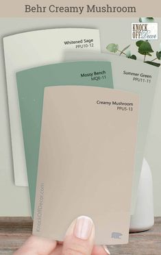 a person holding up some white and green paint swatches in their hand with the words behr creamy mushroom on it