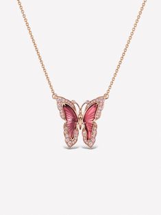 Argyle Pink™ Diamond and Pink Tourmaline Butterfly Necklace by J FINE with 2.49ct Pink Tourmaline and 0.39ct Argyle Pink™ 8P/9P Diamonds. 18K Pink Gold on 18" Chain. Natural gemstones may display visible inclusions, or nature's fingerprints, which makes each one unique. Luxury Pink Gold Necklaces For Women, Luxury Pink Birthstone Necklaces, Luxury Pink Gold Gemstone Necklaces, Fine Jewelry In Rose Gold Tourmaline, Pink Gemstone Accents Necklaces For Formal Occasions, Formal Pink Necklaces With Gemstone Accents, Formal Pink Gemstone Accented Necklaces, Elegant Rose Gold Tourmaline Jewelry, Argyle Pink Diamonds