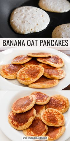 banana oat pancakes on a white plate in front of a frying pan full of pancakes