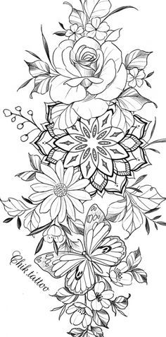 a line drawing of flowers and butterflies