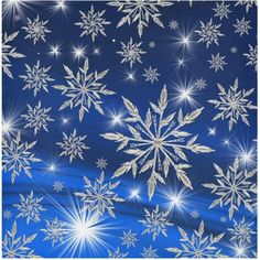 snowflakes on a blue and white background with stars in the sky above them