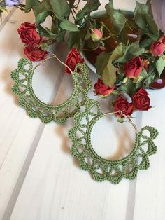 Crochet earrings craft earrings hoop openwork earrings | Etsy Handmade Small Green Hoop Earrings, Earring Crochet, Craft Earrings, Earrings Crochet, Earring Hoop, Crochet Earrings Pattern, Earrings Hoop, Crochet Handmade, Earring Crafts