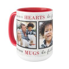 a red and white coffee mug with two photos on the front, one is for your heart's