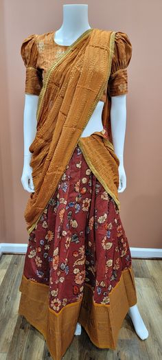 Eloquent Kalamkari Printed Banaras Half Saree set in Brown Blouse size : 32 Inches Lehenga length: 39 inches Half Saree Set, Brown Blouse, Half Saree, Lehenga, Maxi Skirt, Kimono Top, Saree, Women's Top, Quick Saves