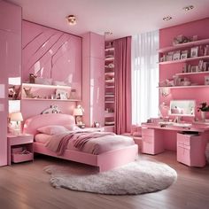 a bedroom with pink walls and furniture