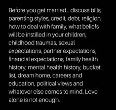 the words before you get married, discuss bills, parents, and children how to deal with family