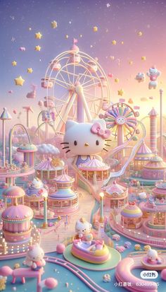 an image of a hello kitty theme park with ferris wheel and carousels in the background