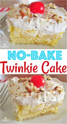 no - bake twinkie cake with white frosting and cherries on top