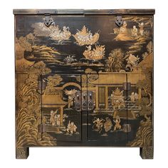 A Chinese black lacqured chest with gilt decoration was originally used to hold gold coins. This highly decorative cabinet is beautiflly decorated with multible children in various scenes This piece is an older reproduction made in the Canton region of China in the early 1970s and this quality can no longer be reproduced. Antique Chinese Cabinet, Chinese Chinoiserie, Chinoiserie Furniture, Victorian Desk, Door Black, Lacquer Paint, Decorative Cabinet, Chinese Furniture, Antique Chest