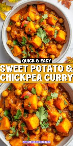 two bowls filled with sweet potato and chickpea curry on top of each other