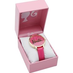 a pink watch in a pink box with white and pink trim on the dial face