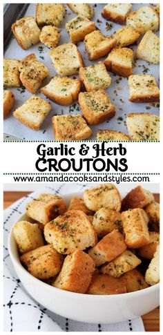 garlic and herb croutons in a white bowl