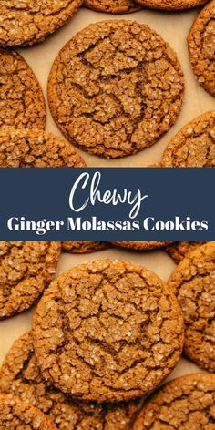 chewy ginger molasss cookies stacked on top of each other with text overlay