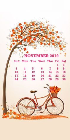 a bicycle parked next to a tree with leaves on it and the date november 2019