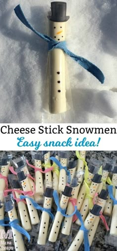 a snowman made out of marshmallows is shown with text that reads, cheese stick snowmen easy snack idea