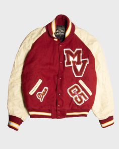 Feel like the BMOC in this iconic '00s varsity jacket! Comes in red with cream colour leather sleeves and knitted red collar . Has matching stripe detail across collar, hem and cuffs. Features warm quilted inner lining- letting you warm up in style! Has "MV" embroidered onto the  front left chest. Comes with two front pockets on which "Dan" and "Class of 05" is embroidered in matching colours. Varsity jacket comes in classic oversized fit with sleeves that can be rolled up or down. Mint vintage Purple Leather Jacket, College Wardrobe, Leather Sleeves, Cream Colour, Letterman Jacket, Grey Nikes, Purple Leather, Brown Leather Jacket, Leather Sleeve